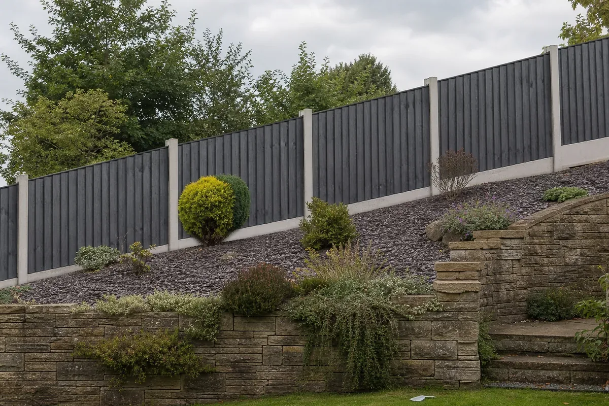 Composite fence panels on a sloping garden in Stone, Staffordshire